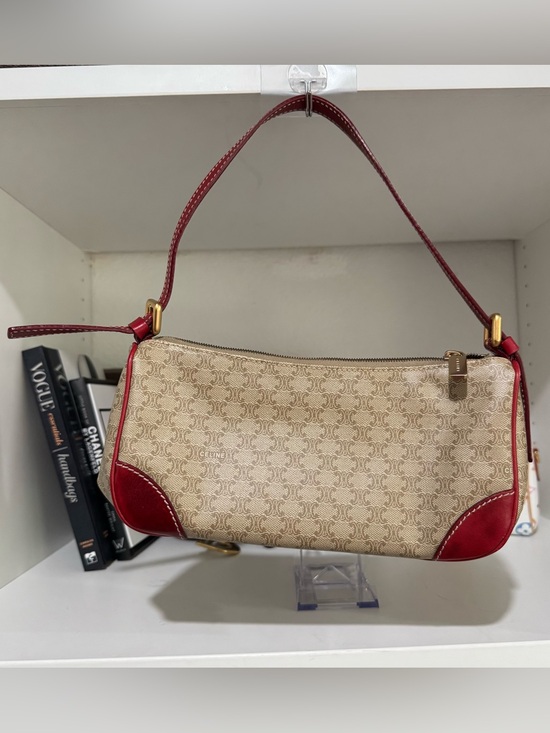Celine Handbags - Celine Beige Monogram Canvas Shoulder Bag with Red Trim